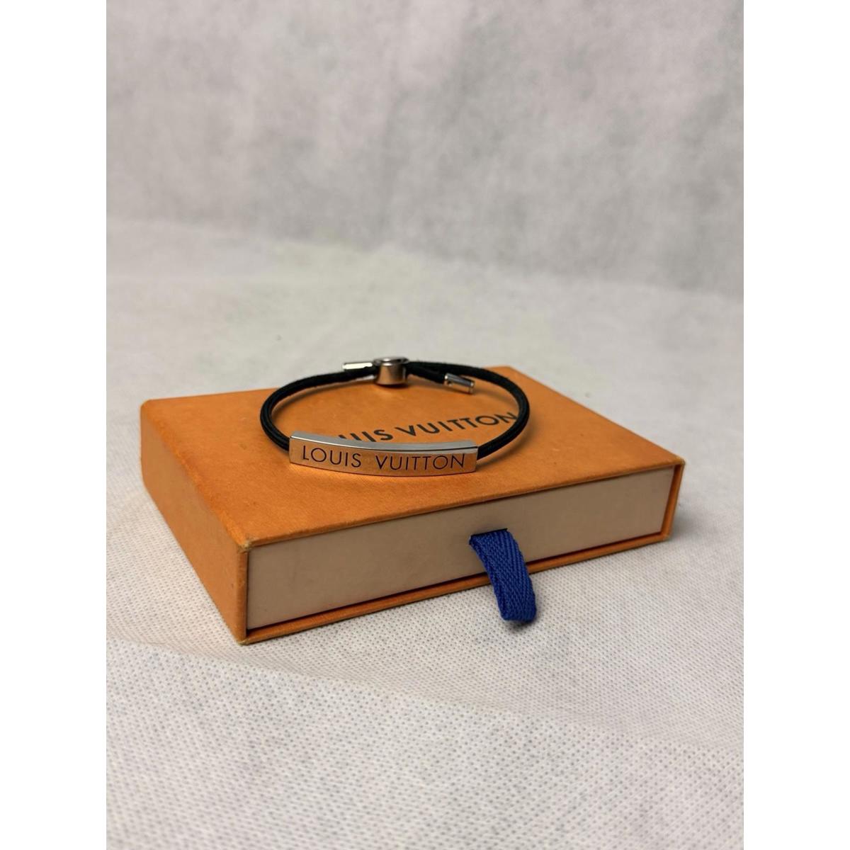 Louis Vuitton Logo Bar Cord Bracelet Silver-Tone Black Unisex Gently Used